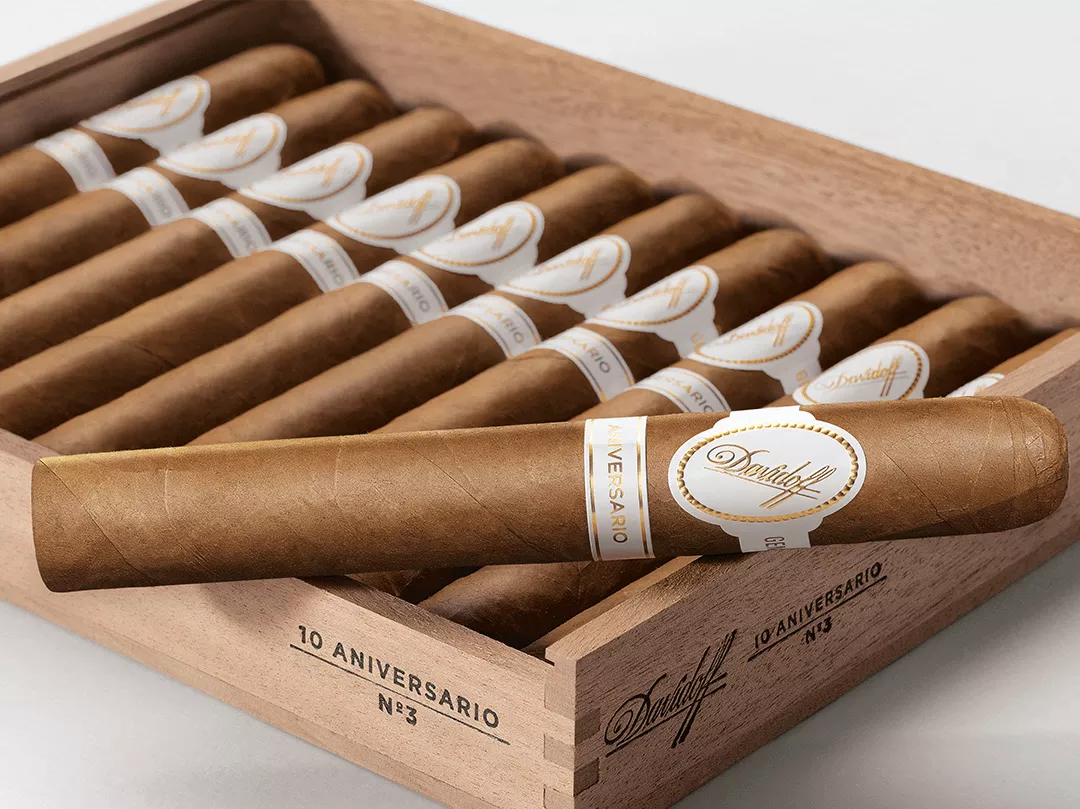 Opened wooden box of Davidoff Aniversario No. 3 cigars. 