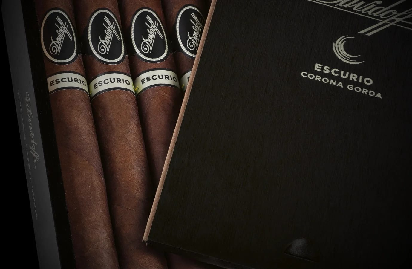 Close-up of Davidoff Escurio Corona Gorda cigars in an open black wooden box, showing dark brown wrappers and branded bands with a sleek, premium presentation.