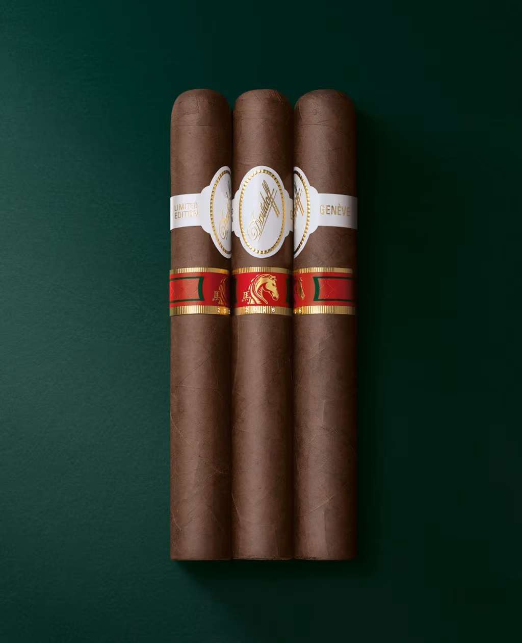 Three Davidoff Year of the Horse toro especial cigars next to one another.